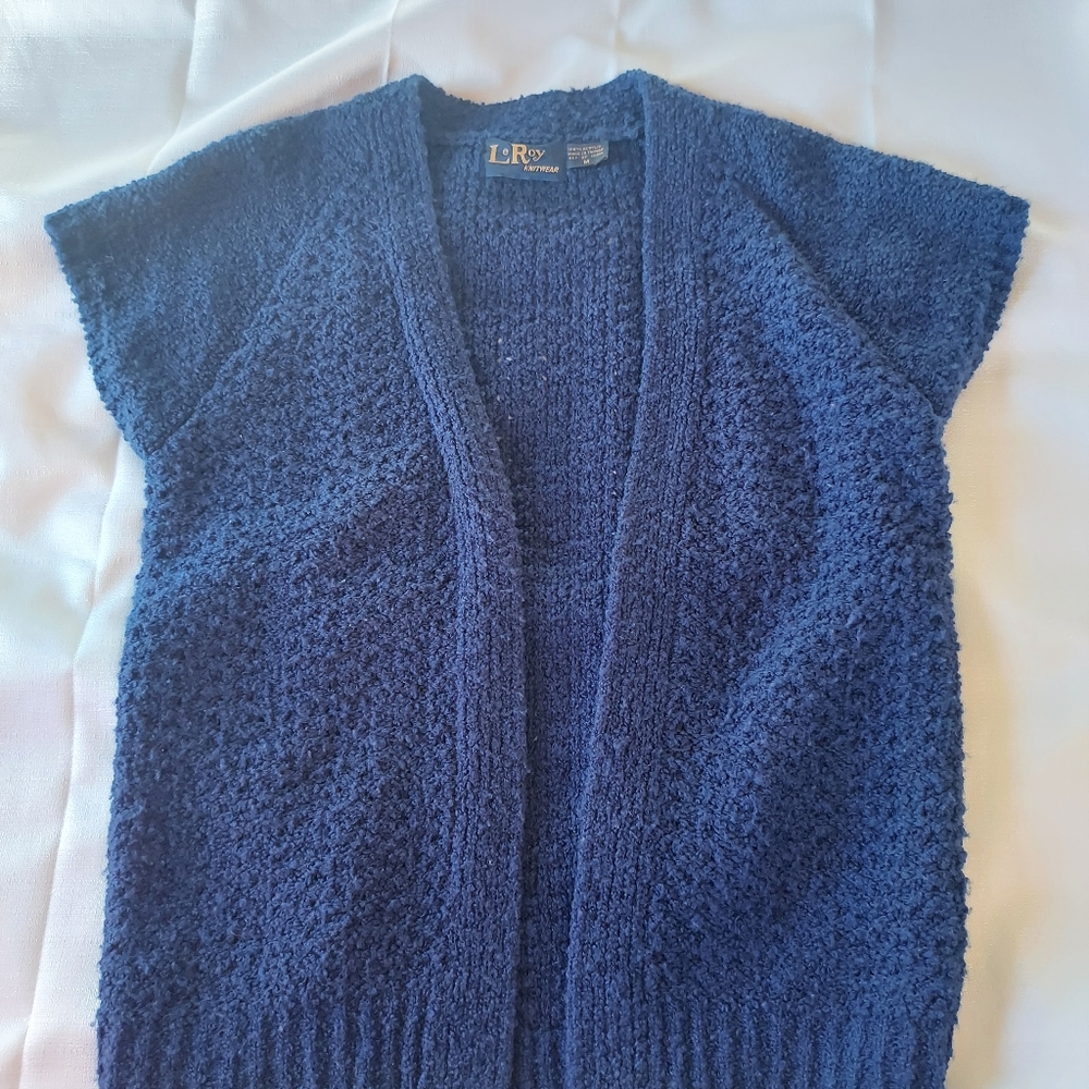 Vintage 1970s LeRoy Knitwear Navy Blue Cardigan Coverup Kimono No Buttons